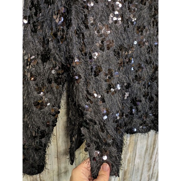 CeCe Black Sequin Feather Fringe Cocktail Top Long Sleeve Women's Small NWT $89 - Picture 4 of 11